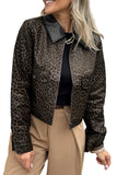 A woman wearing a cropped leopard-print jacket with a black collar, black top, and beige pants, shown against a plain white background.