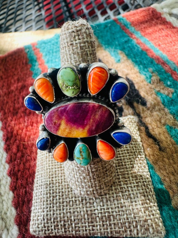 Navajo Sterling Silver & Multi Stone Cluster Adjustable Ring | Zarnesh