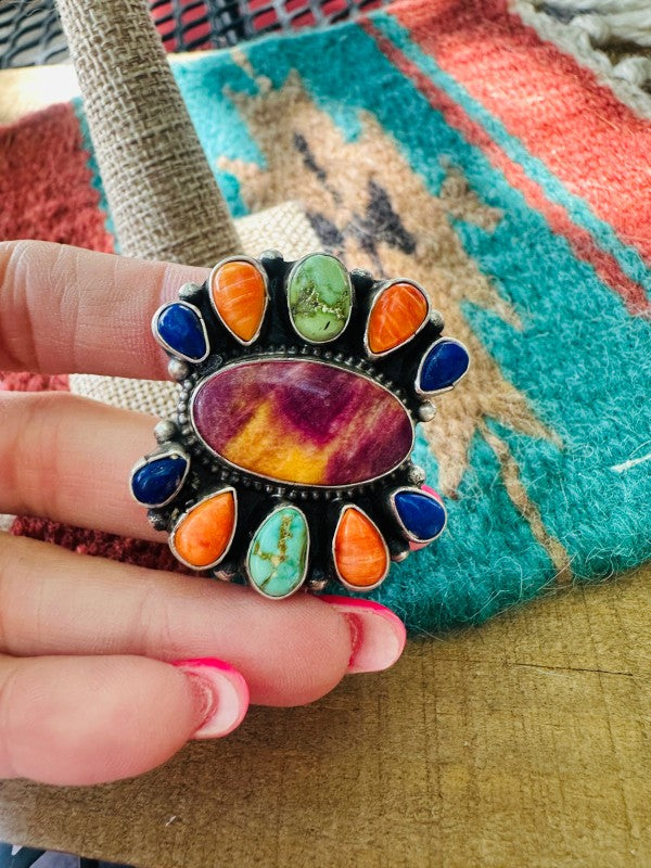 Navajo Sterling Silver & Multi Stone Cluster Adjustable Ring | Zarnesh