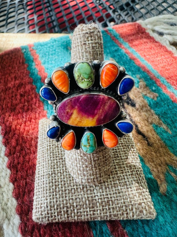 Navajo Sterling Silver & Multi Stone Cluster Adjustable Ring | Zarnesh