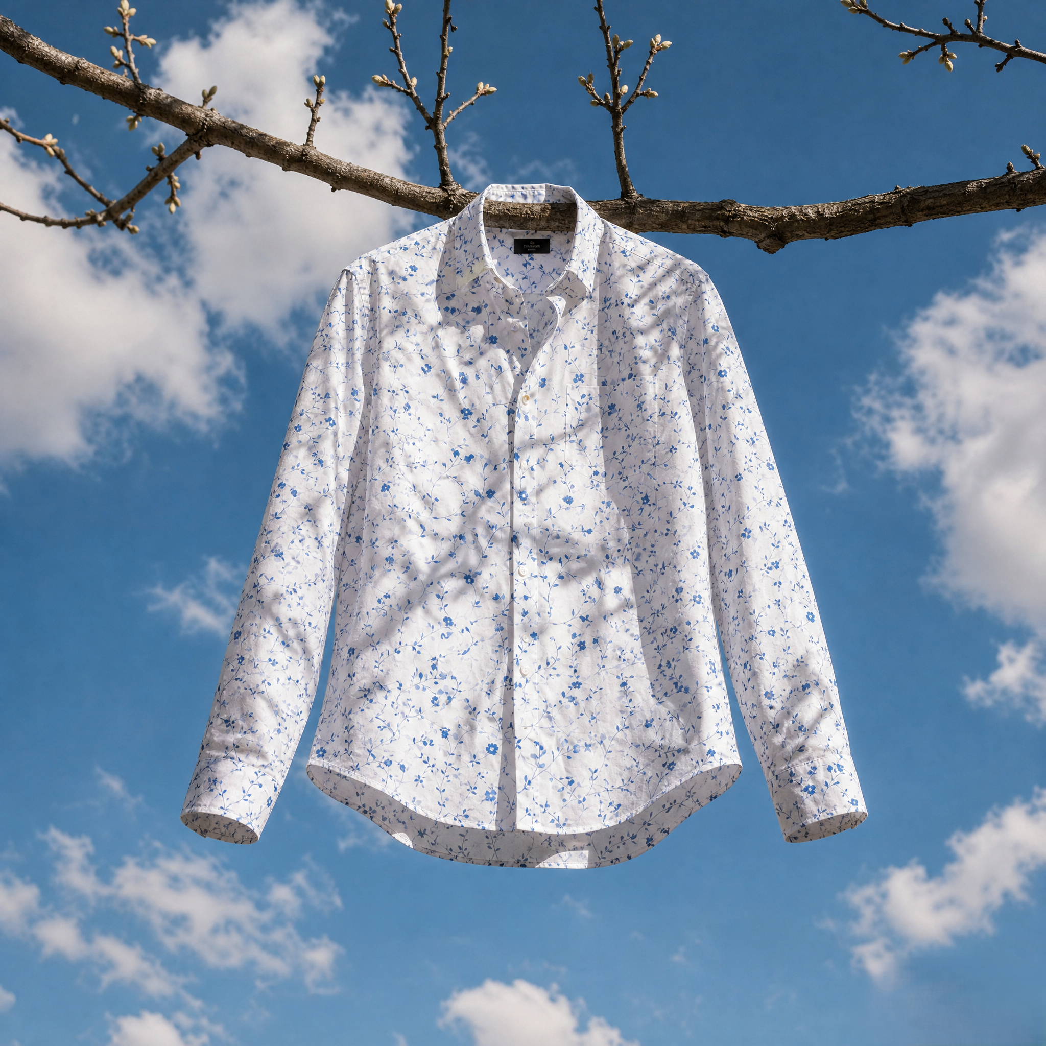 White floral shirt hanging on a tree branch with a blue sky background
