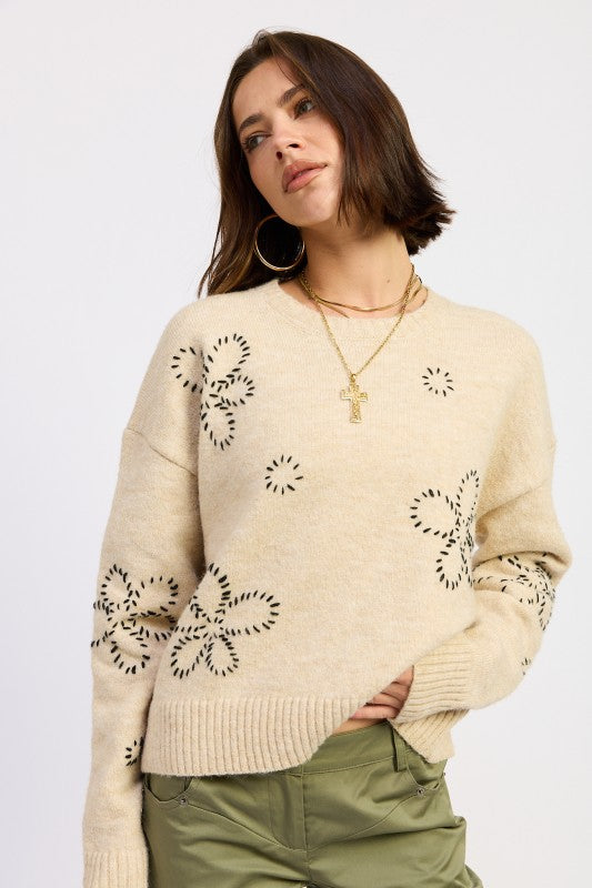 Women’s Floral Stitch Knit Pullover Whipstitch Flower Sweater | Zarnesh