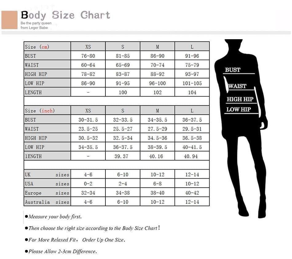 Body size chart with measurements and a silhouette for reference