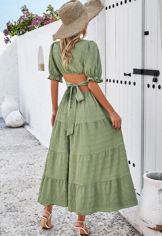Women Open Back Cutout V Neckline Short Puff Sleeves Midi Dress Zarnesh