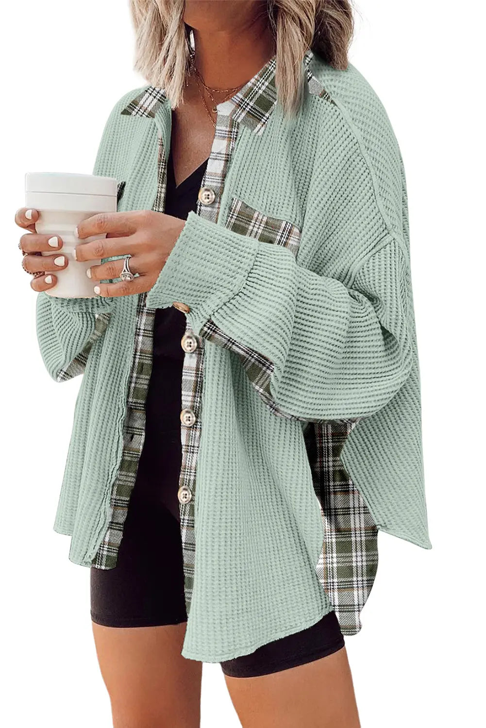 Patchwork Waffle Thermal Knit Shacket | Zarnesh