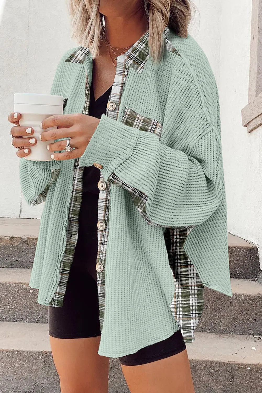 Patchwork Waffle Thermal Knit Shacket | Zarnesh