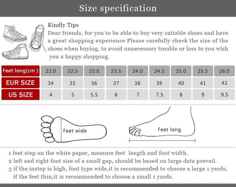 Size specification chart for shoes with foot measurements and size conversions.
