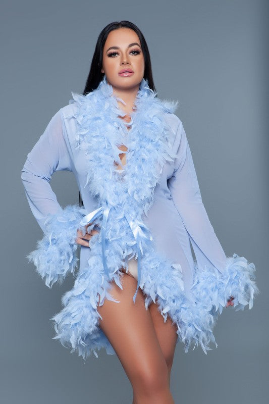Women’s Lux Short Sheer Feather Trim Front Tie Lingerie Robe | Zarnesh