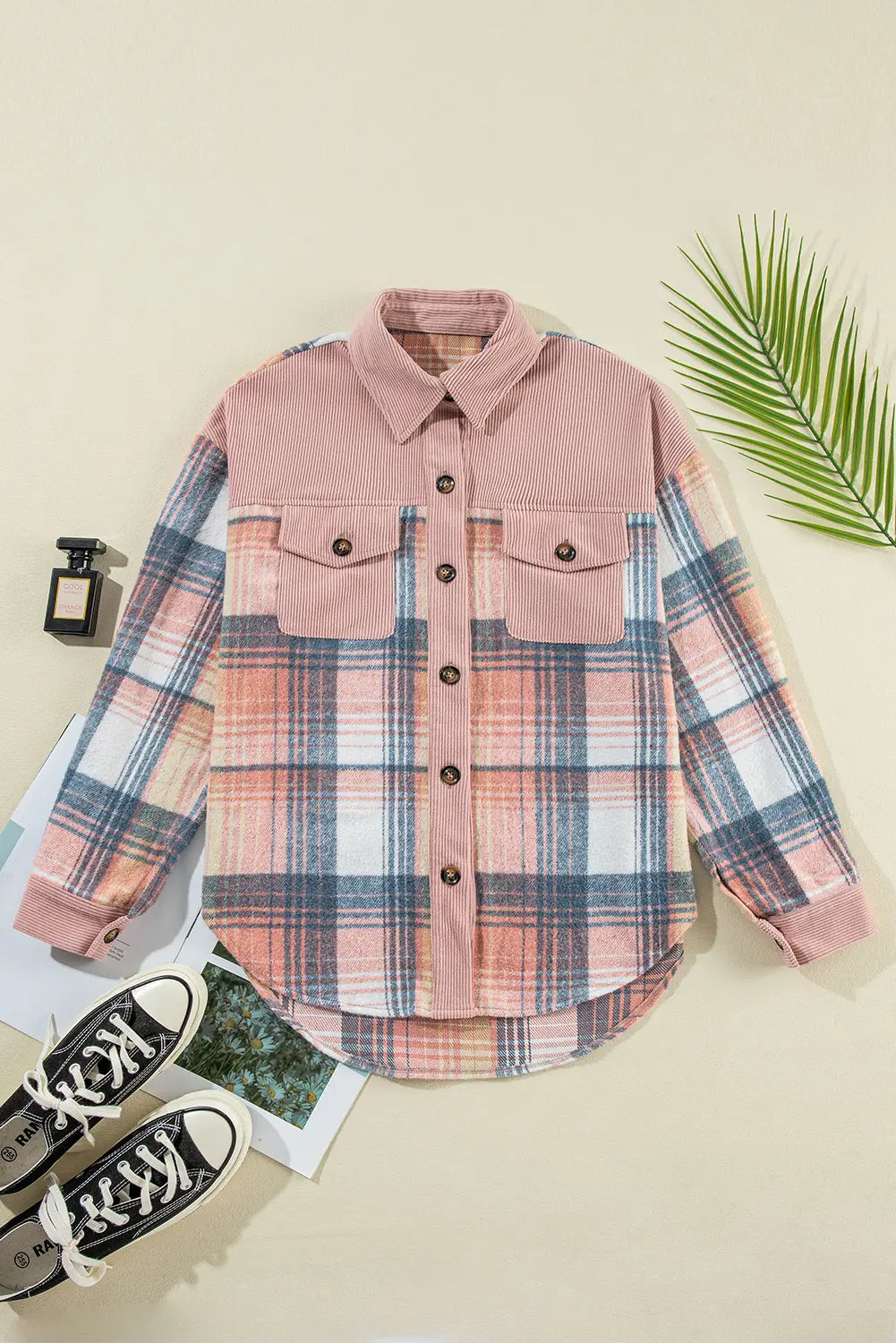 Plaid shirt with pink and blue pattern on a light background
