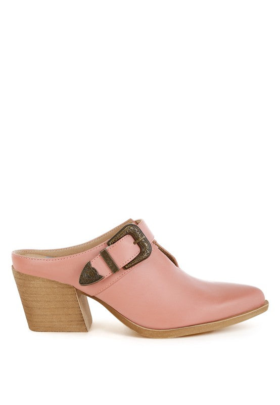 Women Holler Carved Buckle Statement Block Heel Mules | Zarnesh