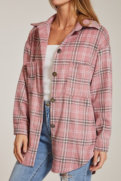 Women’s Flannel Plaid Button-Up Long Sleeve Shacket Jacket | Zarnesh