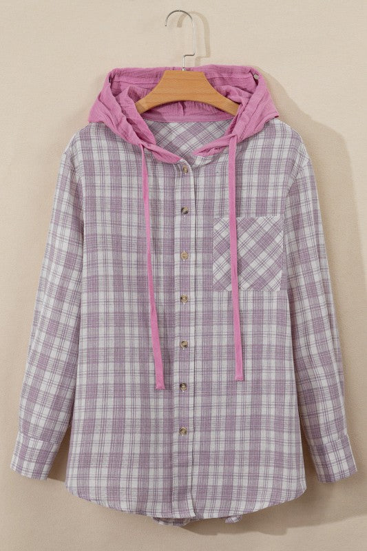 Women’s Plaid Checker Button Up Hooded Shacket | Zarnesh