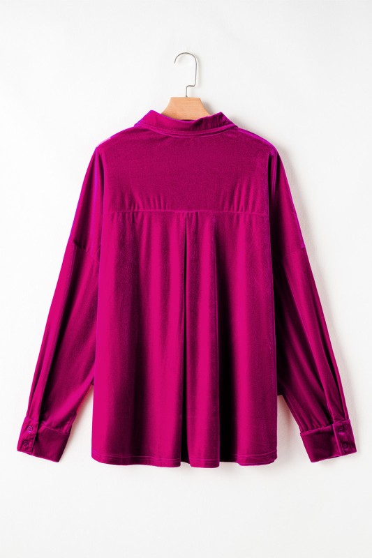 Women’s Plus Size Velvet Shirt Pocketed Fuchsia Button-Up Top | Zarnesh