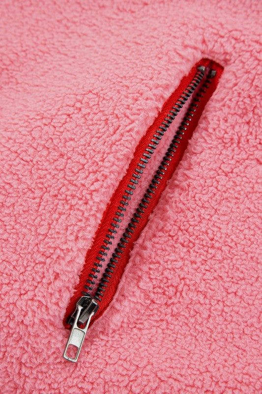 Women’s Sherpa Faux Leather Fleece Half Zip Pocketed Sweatshirt | Zarnesh