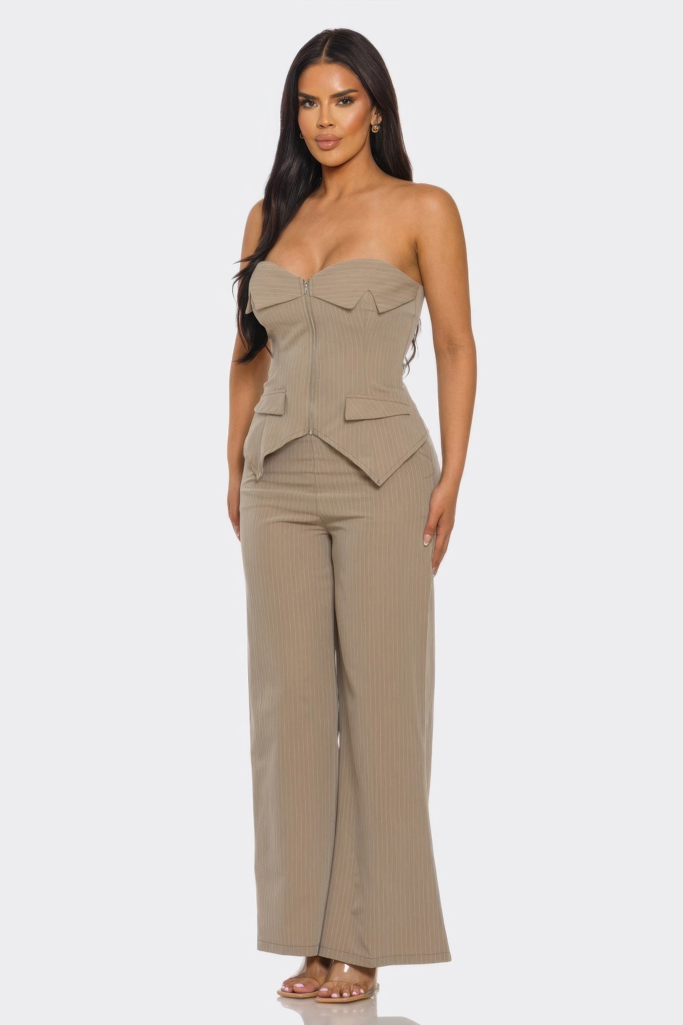 Pinstripe Strapless Corset Wide Leg Pant Set | Zarnesh