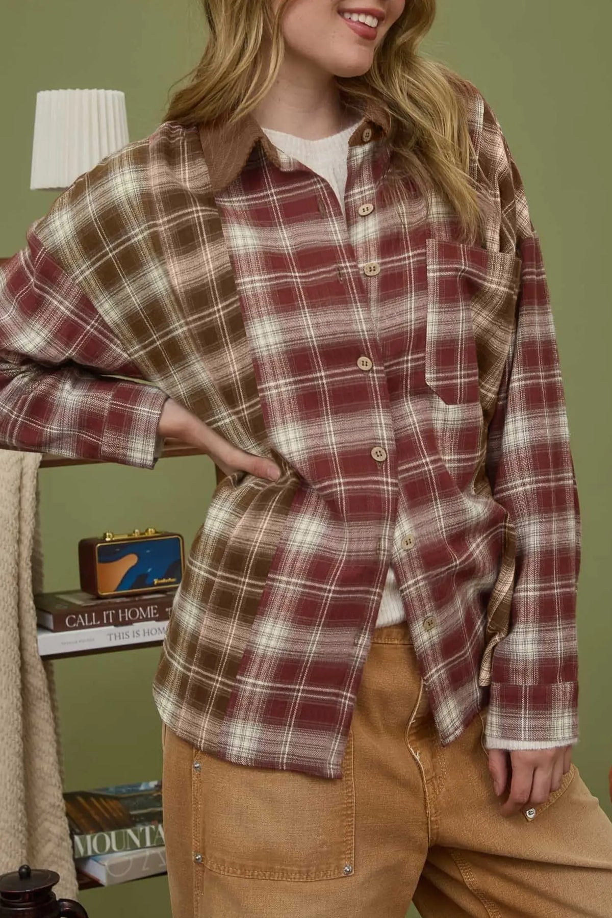 Plaid Contrast Corduroy Button Down Shacket | Zarnesh