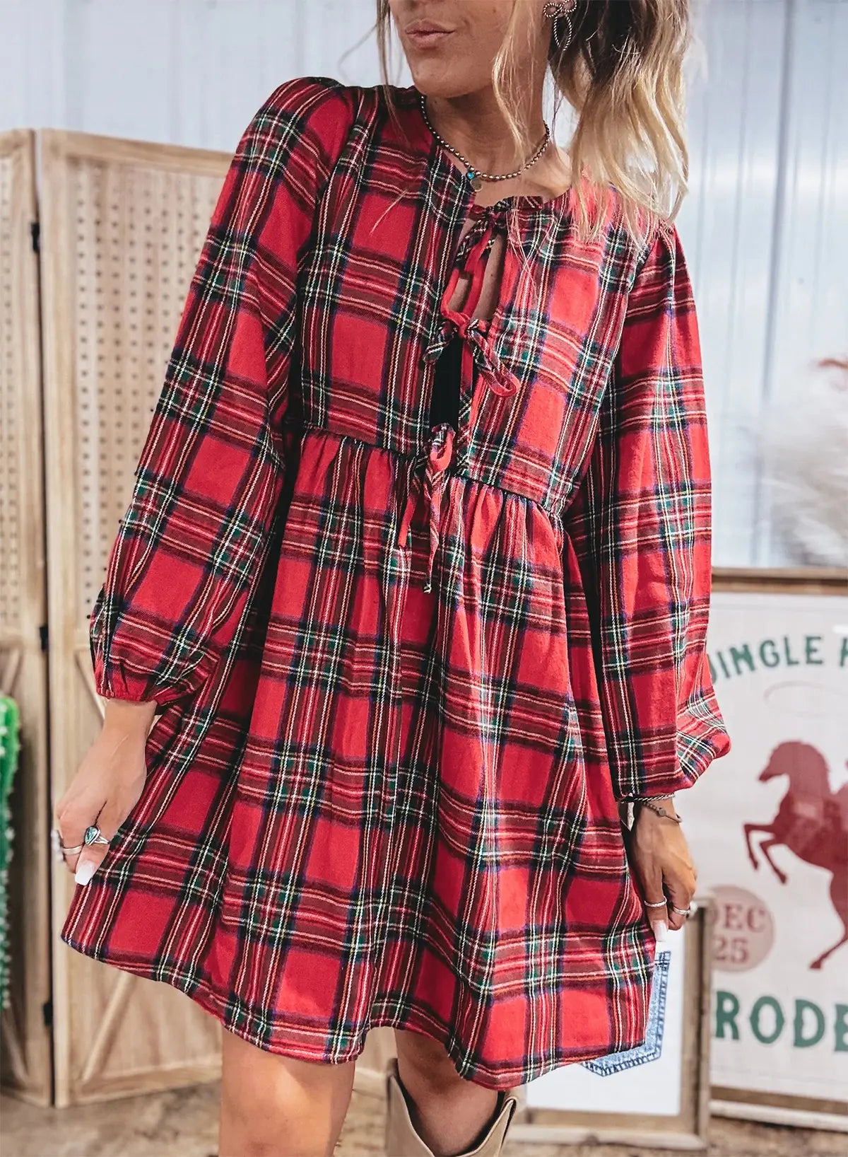 Plaid Long Sleeve Front Tie Waist Mini Dress | Zarnesh