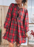 Plaid Long Sleeve Front Tie Waist Mini Dress | Zarnesh