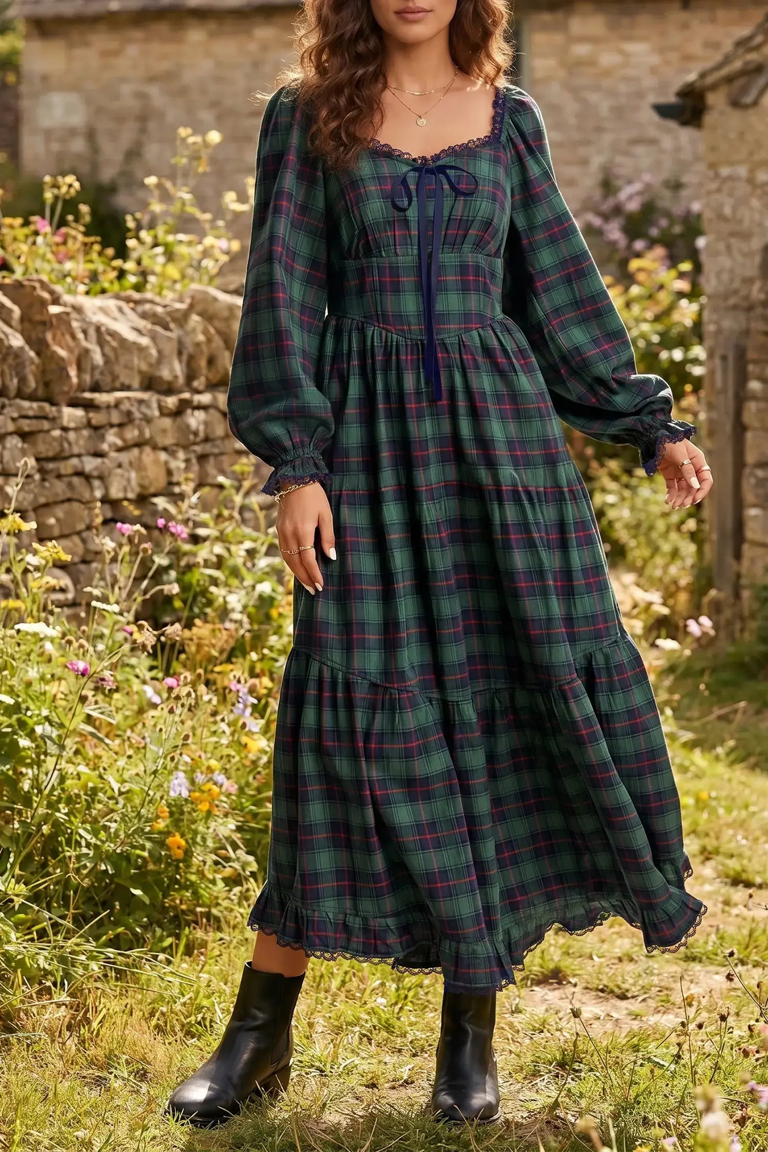 Plaid Long Sleeve Lace Trim Bow Midi Dress | Zarnesh