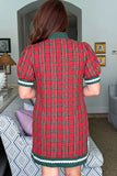 A woman viewed from behind wearing a red and green plaid short-sleeve dress with white scalloped trim on the collar, cuffs, and hem, standing in a living room.