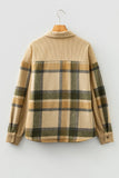 Beige flannel shirt with plaid pattern on a hanger against a white background