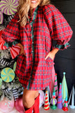 A woman wearing a red and green plaid button-up shirt dress with puffed sleeves and ruffled trim, standing in front of a dark wood wall with holiday decorations.