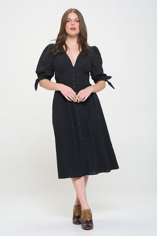 Women Plus Puff Sleeves Lined Textured Button Down Midi Dress Zarnesh