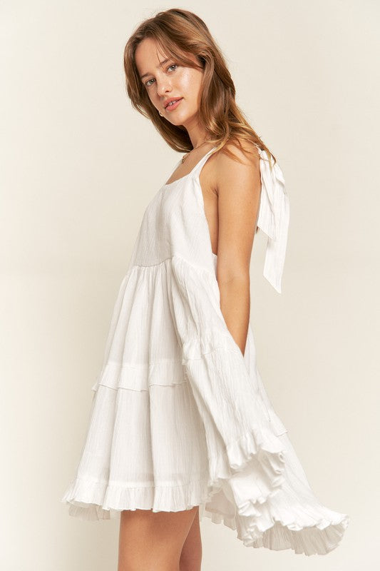 Women Plus Loose Square Neck Self Tie Straps Ruffle Mini Dress Zarnesh