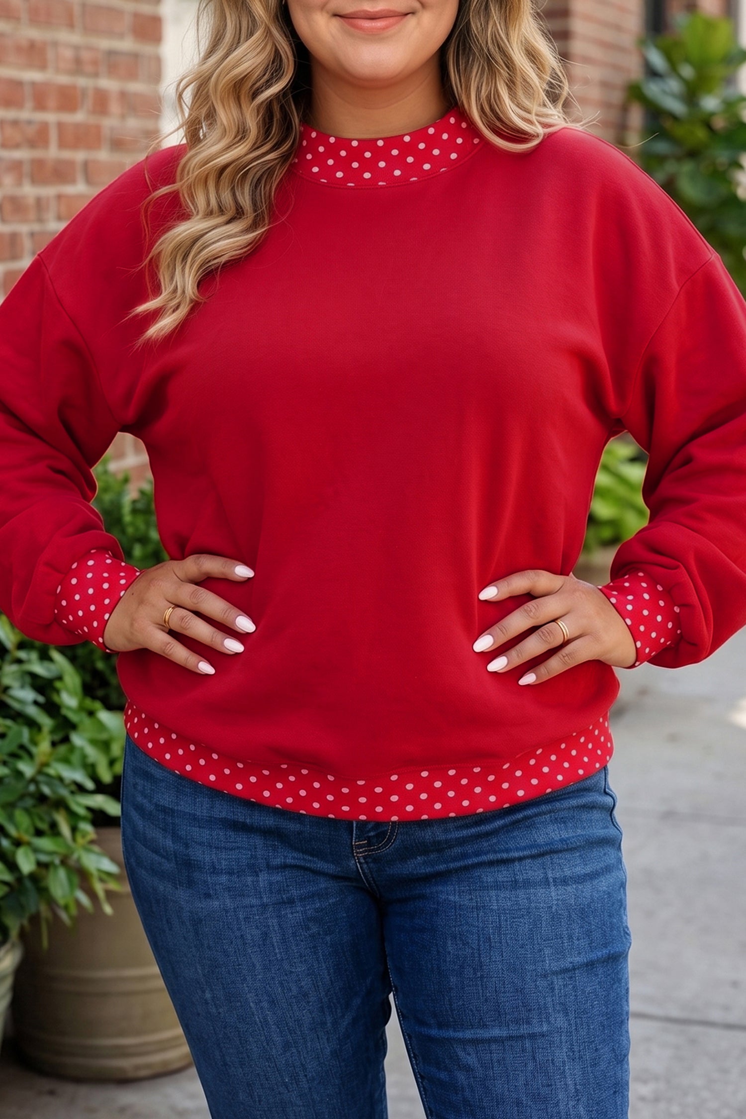 Plus Polka Dot Crewneck Layered Trim Sweatshirt | Zarnesh