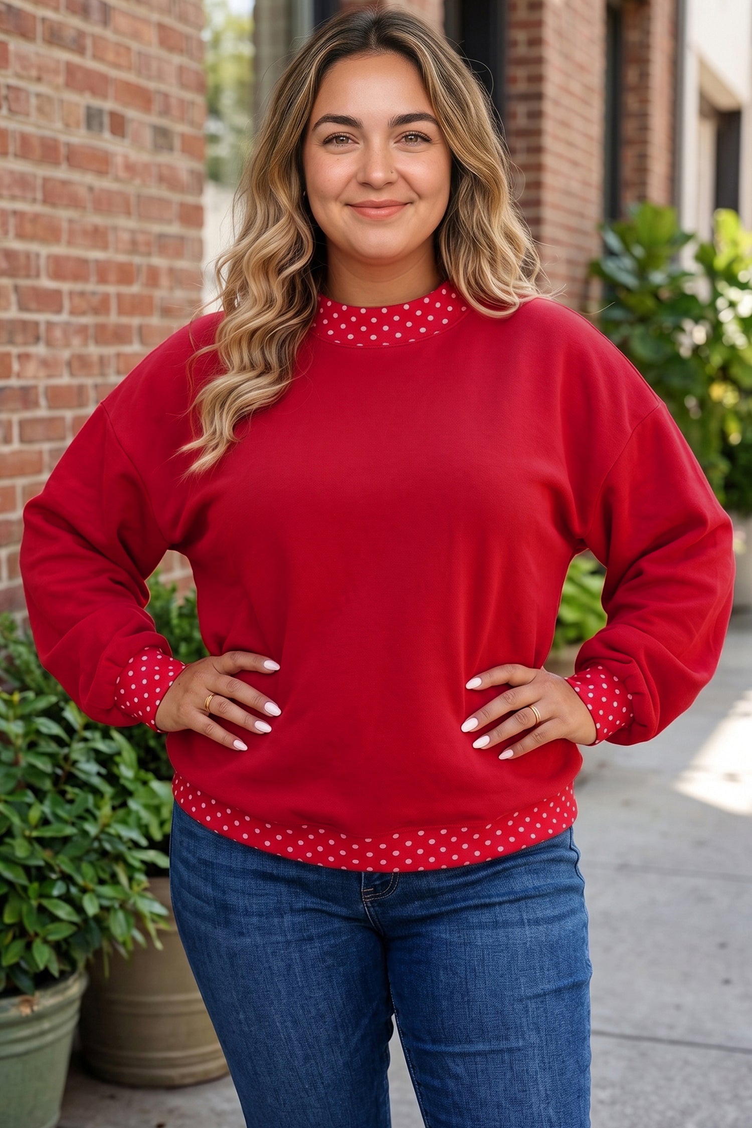 Plus Polka Dot Crewneck Layered Trim Sweatshirt | Zarnesh