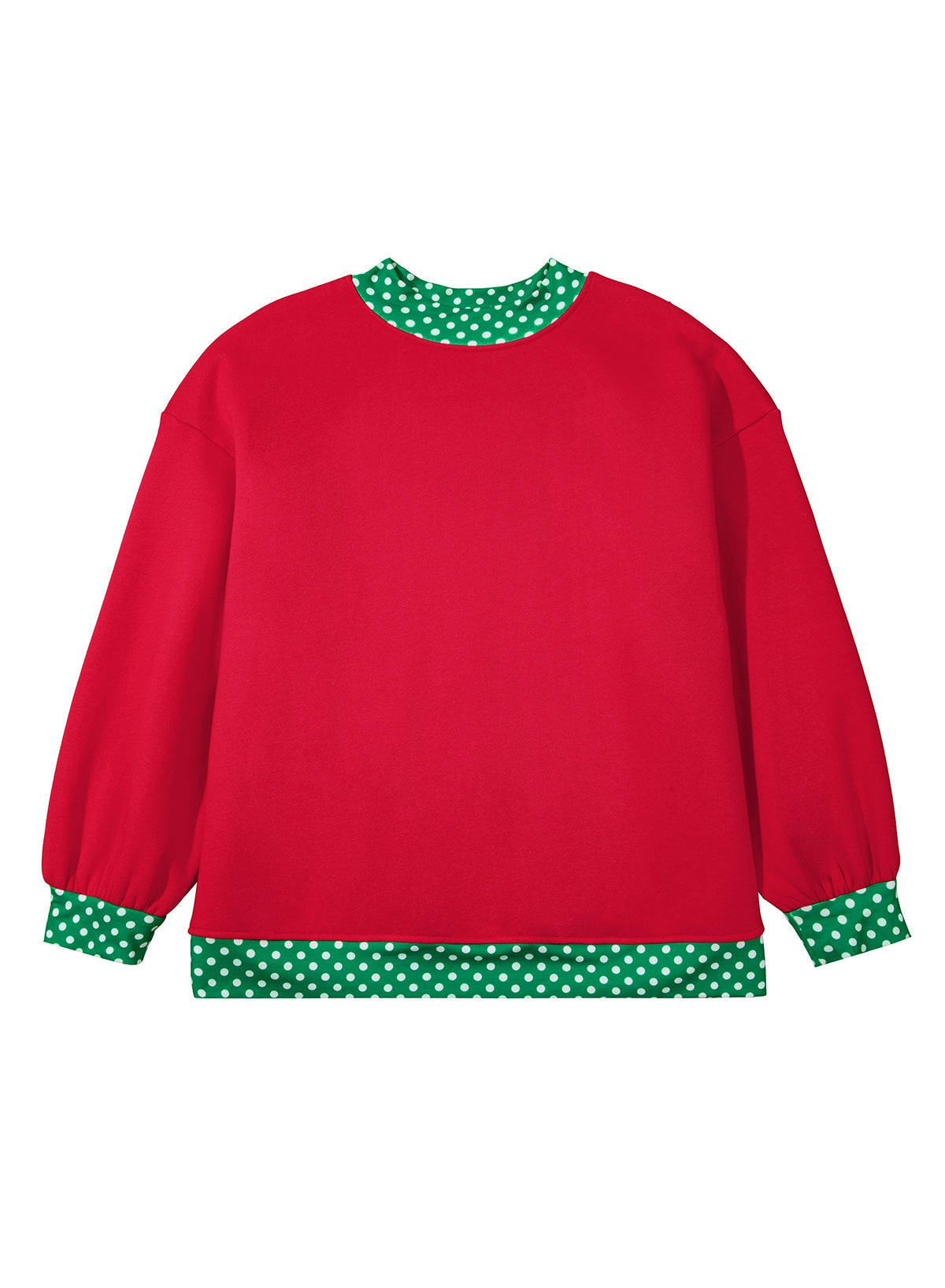 A red long-sleeve crewneck sweatshirt with green and white polka dot trim on the collar, cuffs, and hem, displayed flat against a white background.