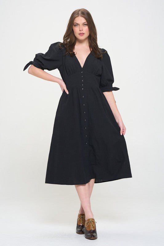 Women Plus Puff Sleeves Lined Textured Button Down Midi Dress Zarnesh