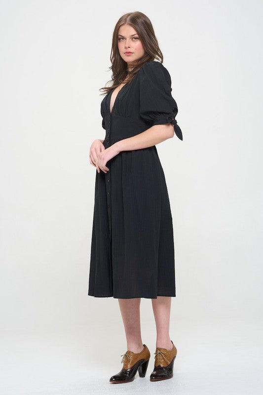 Women Plus Puff Sleeves Lined Textured Button Down Midi Dress Zarnesh