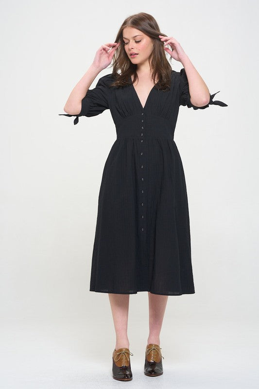 Women Plus Puff Sleeves Lined Textured Button Down Midi Dress Zarnesh