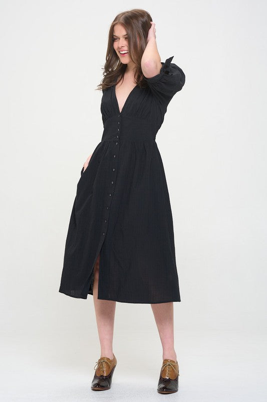 Women Plus Puff Sleeves Lined Textured Button Down Midi Dress Zarnesh
