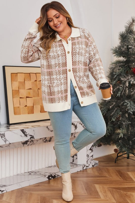 Women’s Plus Size Button Front Plaid Ribbed Trim Cardigan | Zarnesh