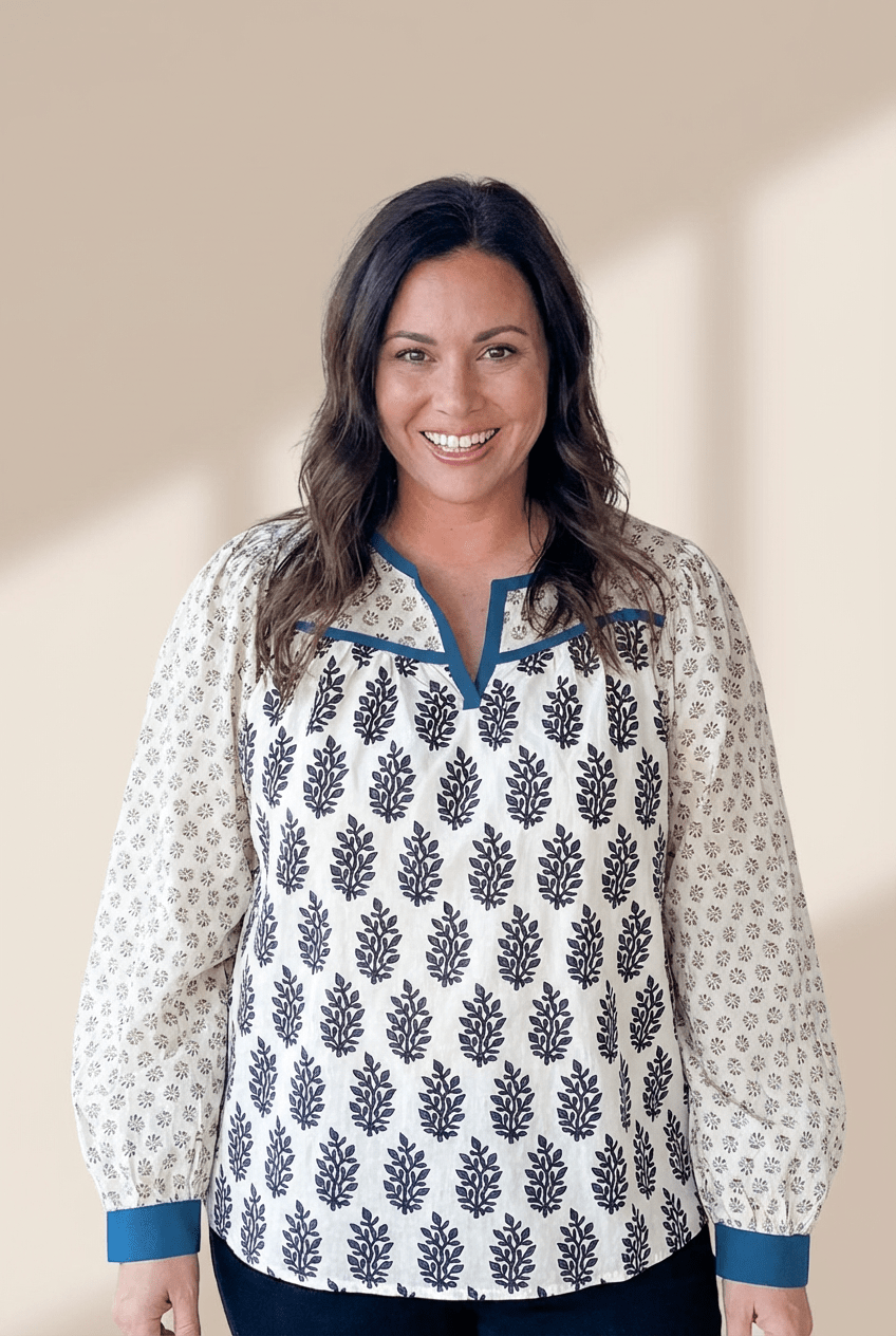 Plus Size Floral Contrast Split Neck Blouse | Zarnesh