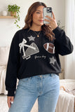 Woman taking a mirror selfie in a black “Game Day” football sweatshirt with light blue jeans.