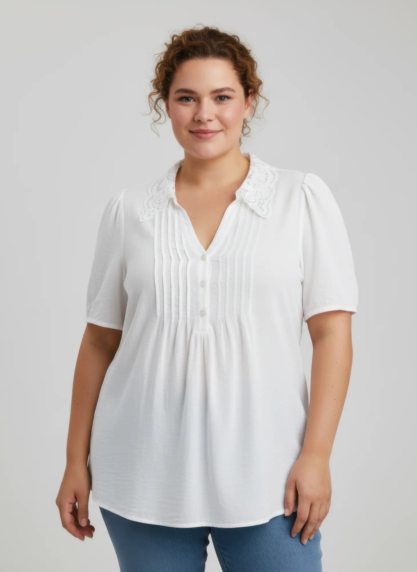 Plus Size Lace Collar Pintuck Flutter Sleeve Top | Zarnesh