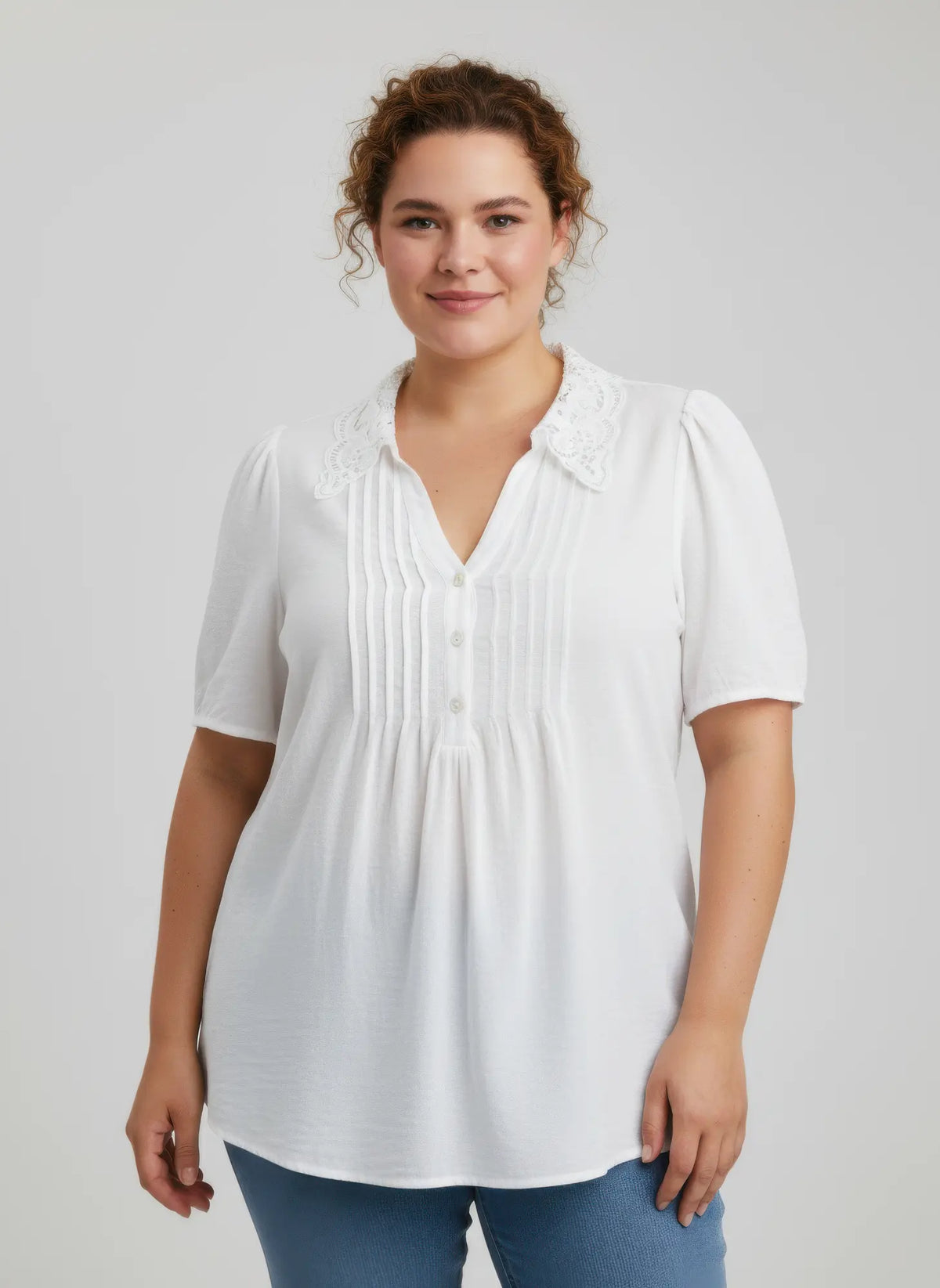 Plus Size Lace Collar Pintuck Flutter Sleeve Top | Zarnesh