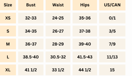 A size chart table showing measurements for sizes XS through XL, with columns for Size, Bust, Waist, Hips, and US/CAN.