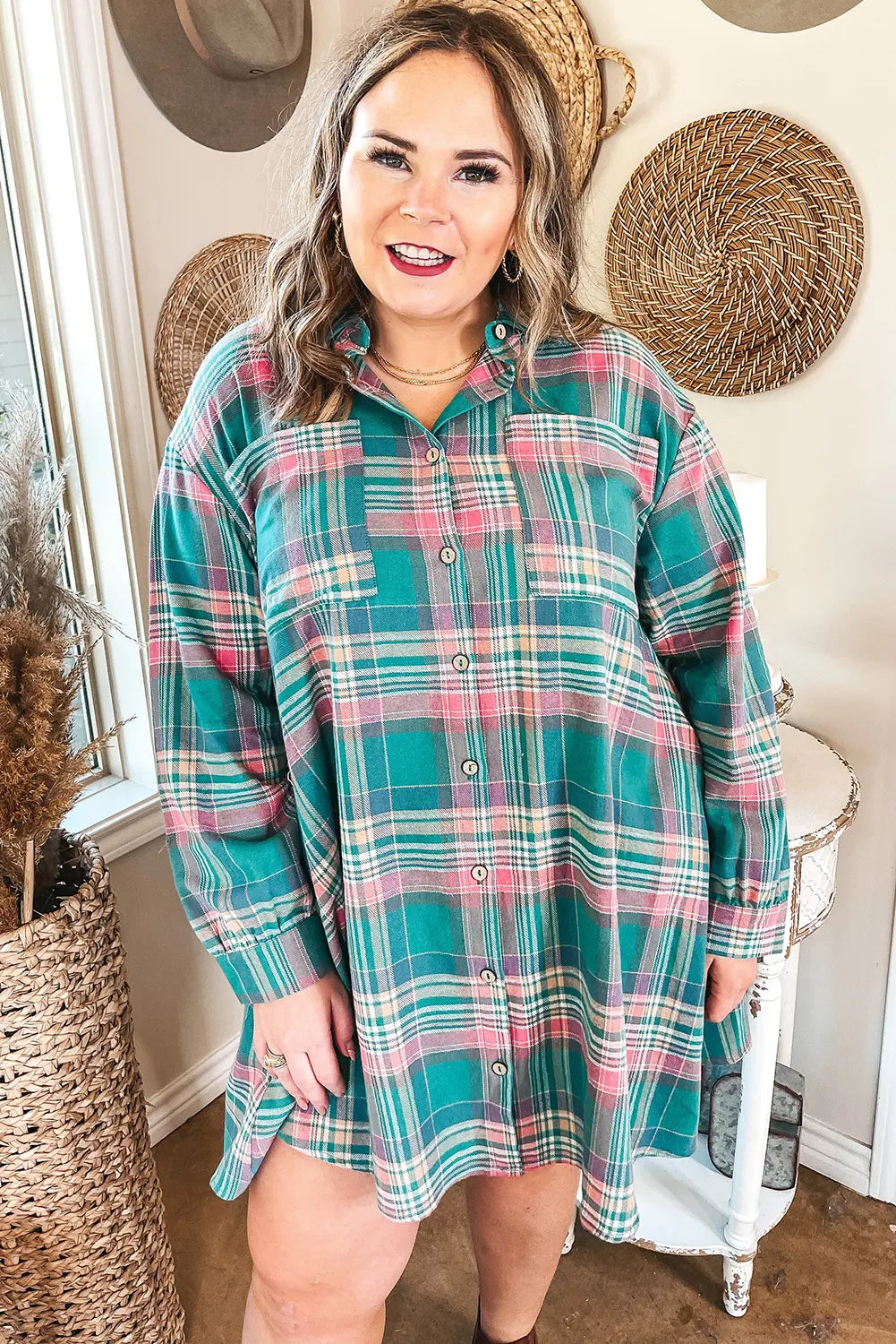 Plus Size Plaid Button Front Shirt Dress | Zarnesh 