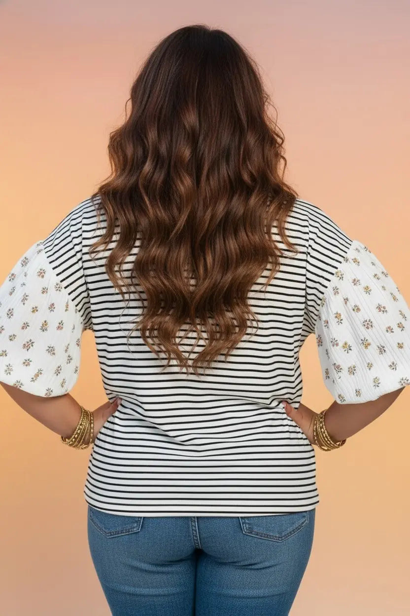 Plus Size Stripe Puff Sleeve Floral Patchwork Top | Zarnesh
