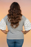 Plus Size Stripe Puff Sleeve Floral Patchwork Top | Zarnesh