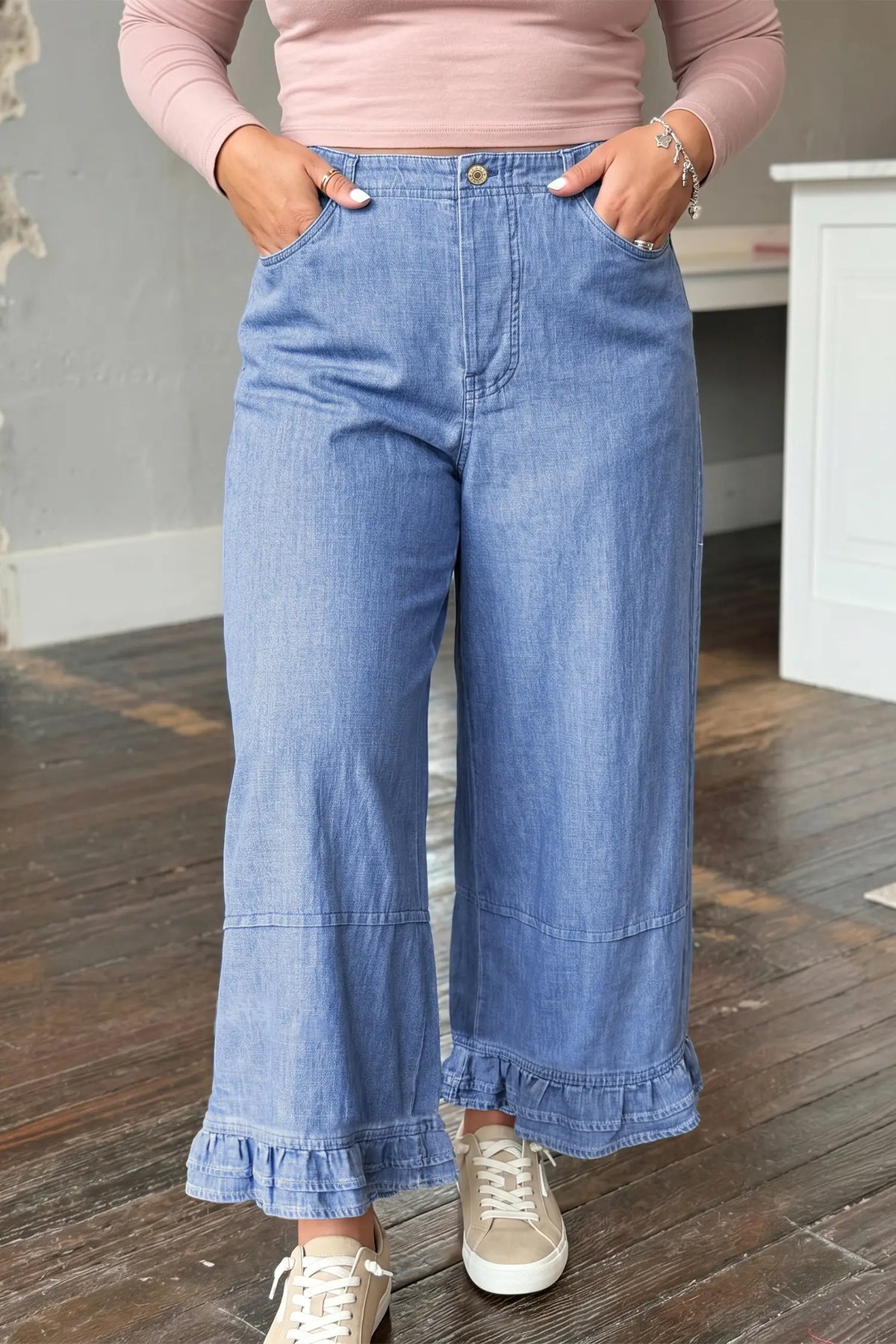 Plus Wide Leg Ruffle Hem Chambray Pants | Zarnesh
