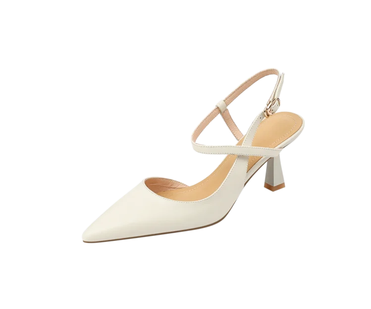 White high-heeled shoe with a slingback design on a white background