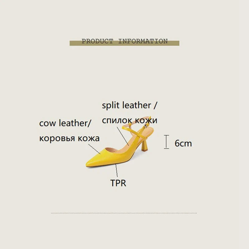 Yellow high-heeled shoe with product information text on a beige background