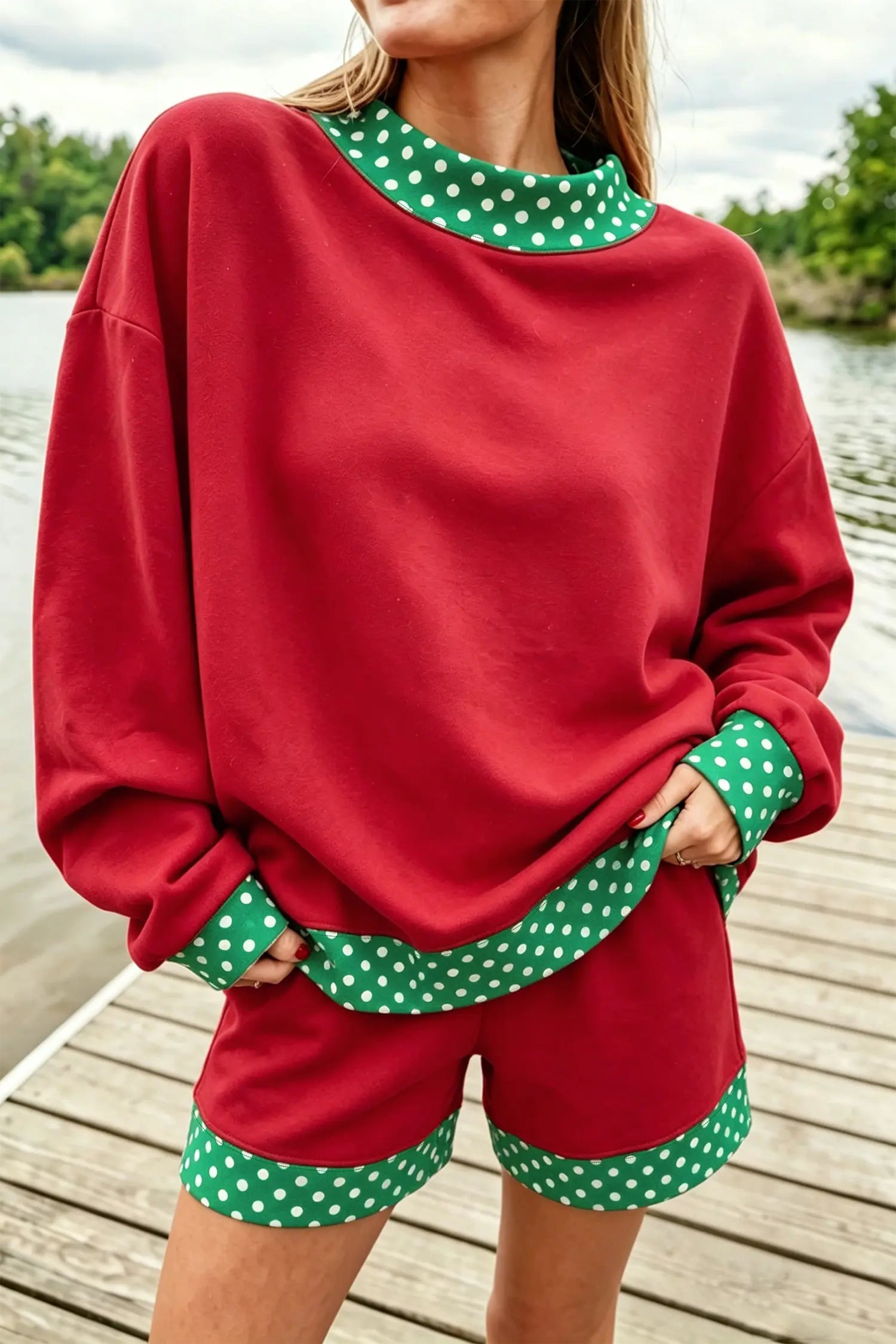 A woman wearing a red sweatshirt and matching shorts with green and white polka dot trim, standing on a wooden dock outdoors.