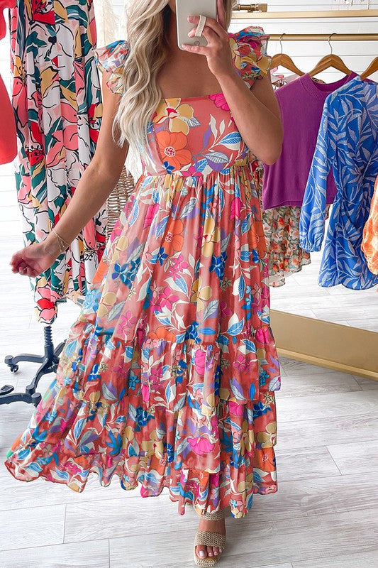 Women Print Sleeveless Ruffle Shoulder Strap Tiered Maxi Dress Zarnesh
