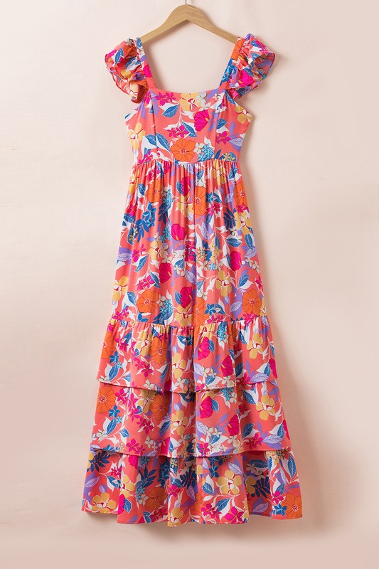 Women Print Sleeveless Ruffle Shoulder Strap Tiered Maxi Dress Zarnesh